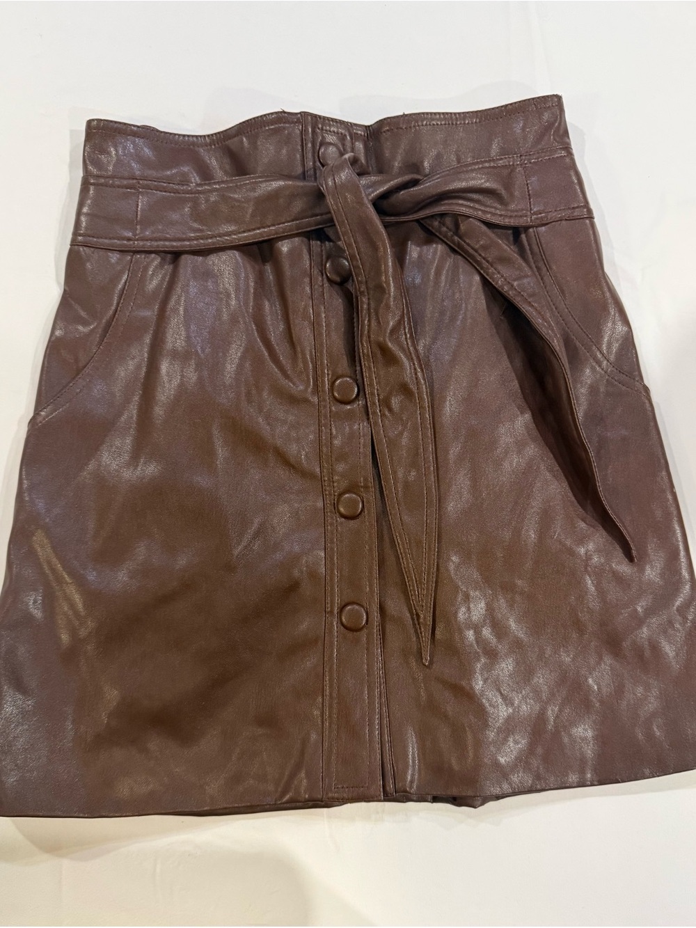 Urban Outfitters Brown Faux Leather Button-Front Mini Skirt with Tie